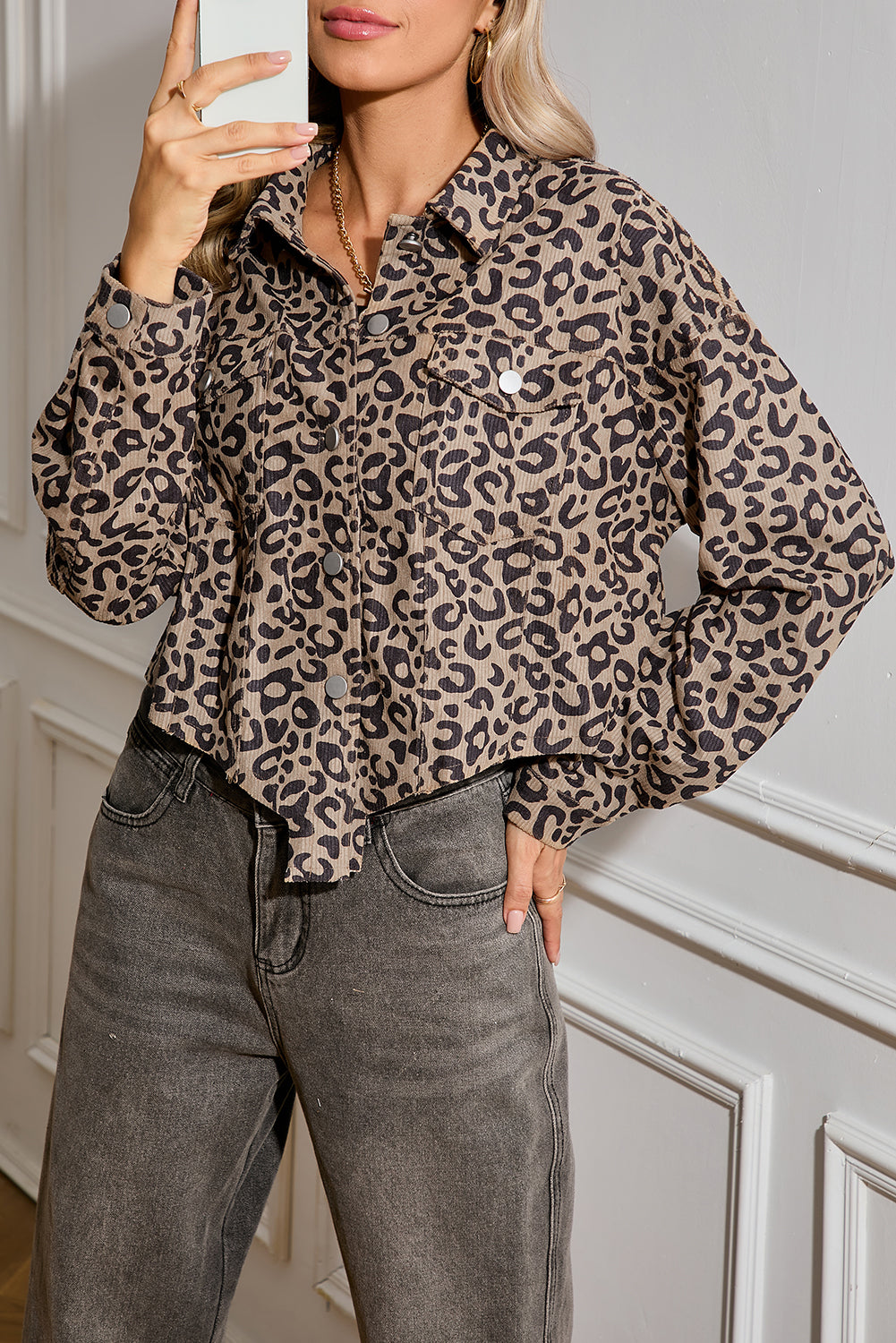 Dark Khaki Leopard Print Raw Hem Cropped Jacket Jackets cd928098da2483bc