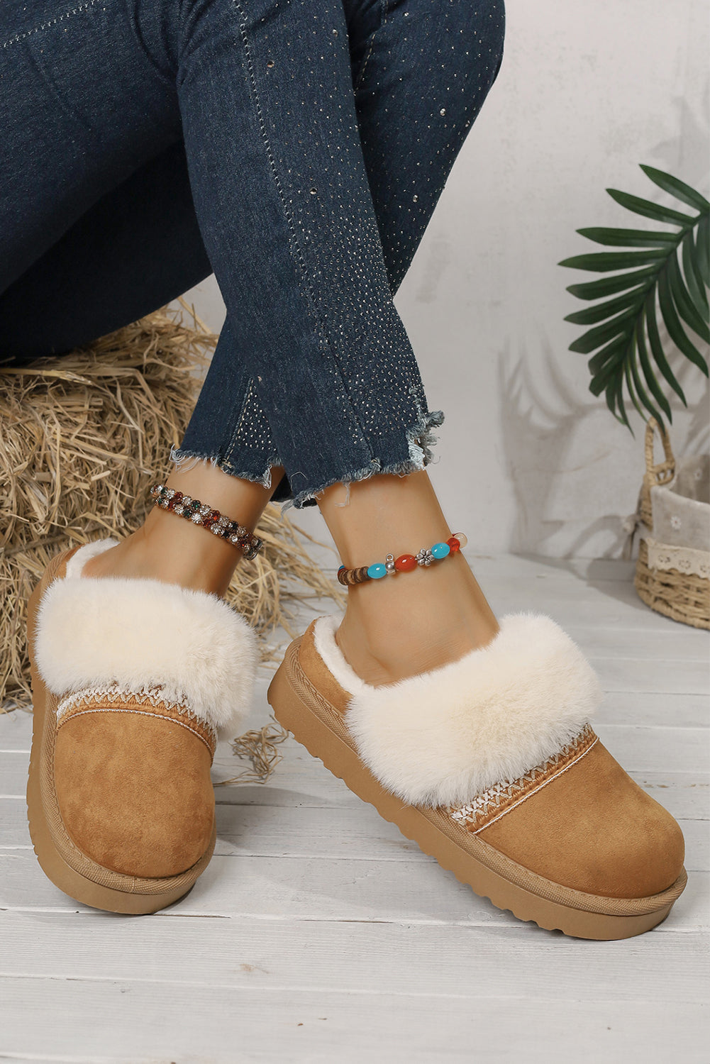 Camel Suede Fuzzy Winter Warm Platform Slippers Slides Shoes + Flip Flops cd95669fdd221800