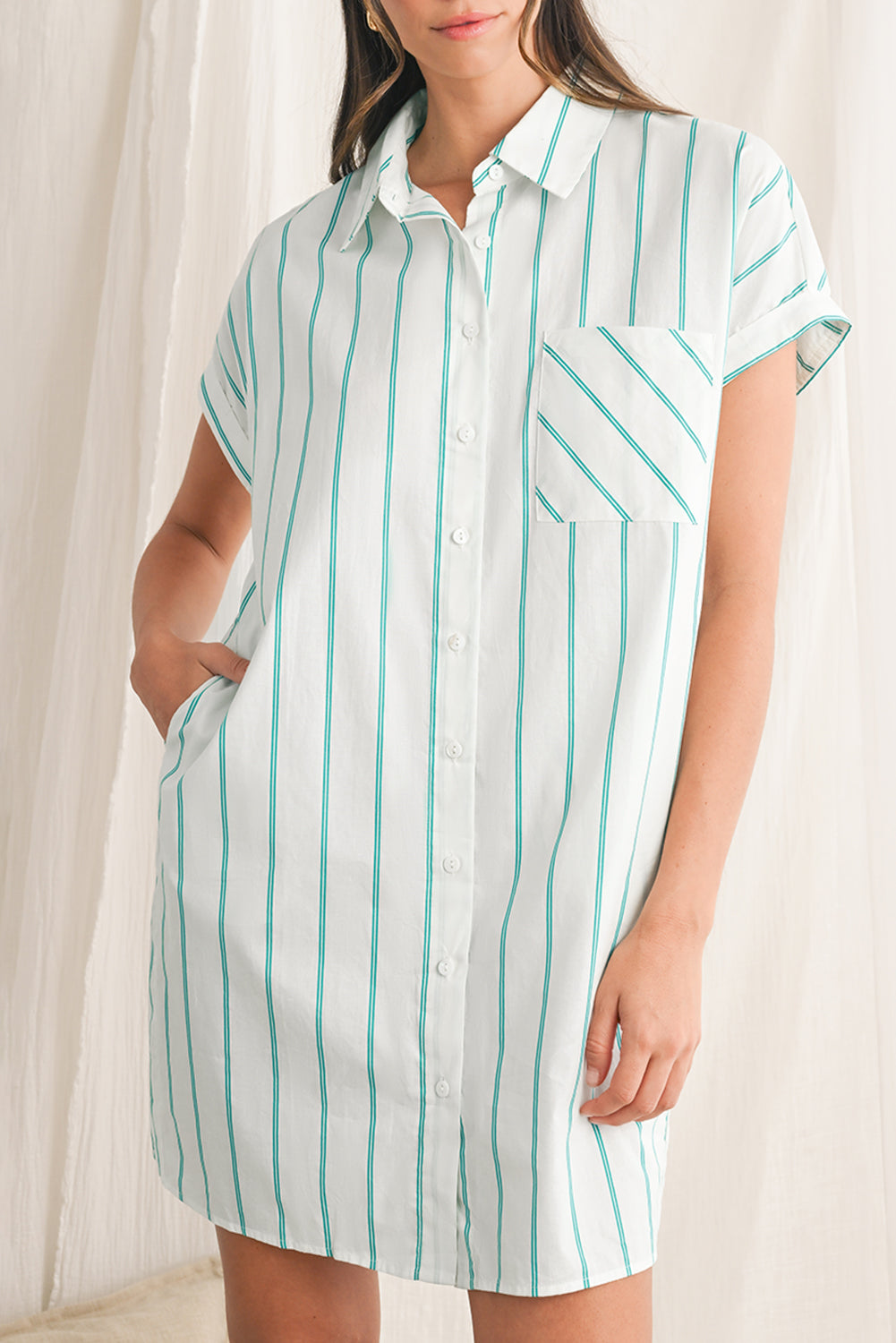 Mint Green Striped Pocket Short Sleeve Mini Dress Short Dresses ce3bb78c704ddf74