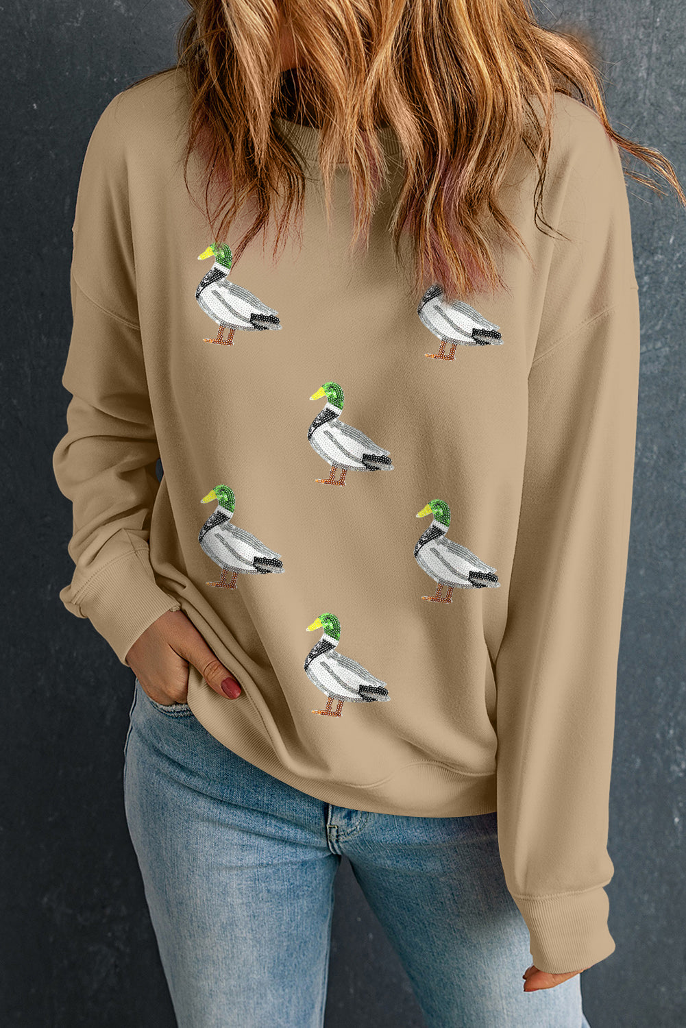 Khaki Sequin Mallard Duck Graphic Sequins Patch Baggy Sweatshirt Graphic Sweatshirts ce4e457d464e929f