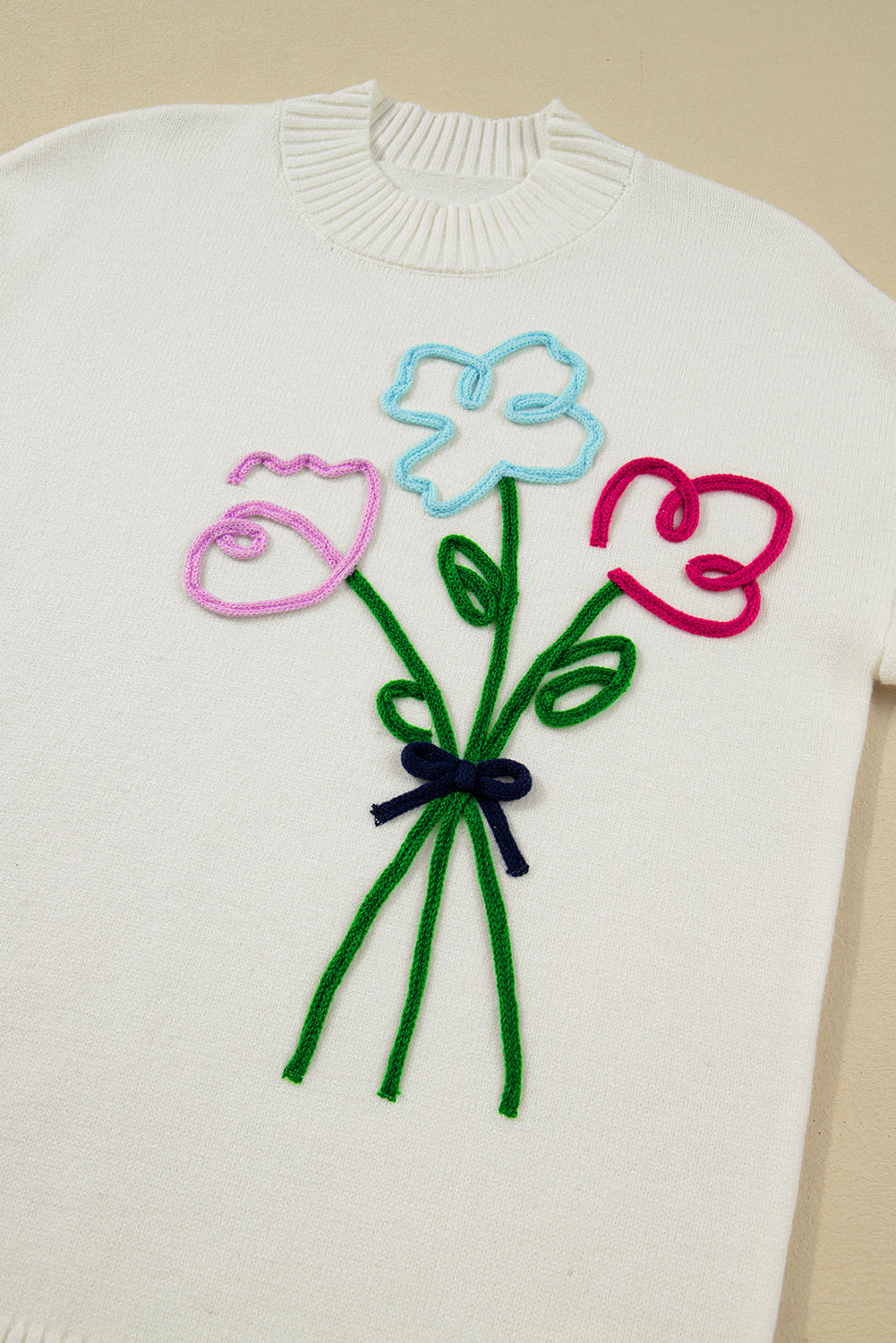 White Floral Embroidered Drop Sleeve Knit Sweater Sweaters ce9c6cb081085dc3