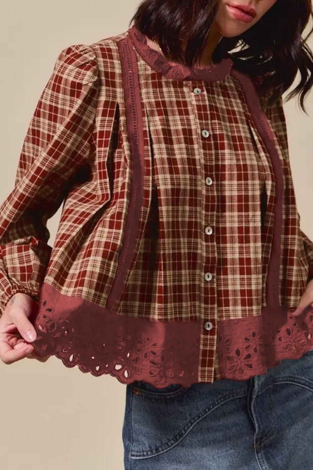 Red Dahlia Plaid Lace Hem Button Down Shirt Long Sleeve Tops ceecbacfd741fea3