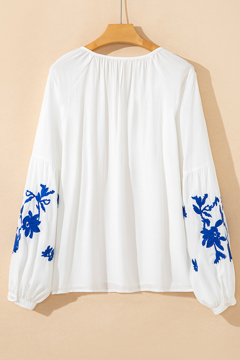White Floral Embroidered Drawstring V Neck Blouse Blouses cf20b80b32ed98f4