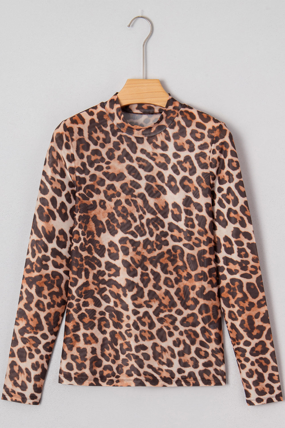 Brown Leopard Mock Neck Long Sleeve Mesh Top Long Sleeve Tops cf25a3760f2623e9