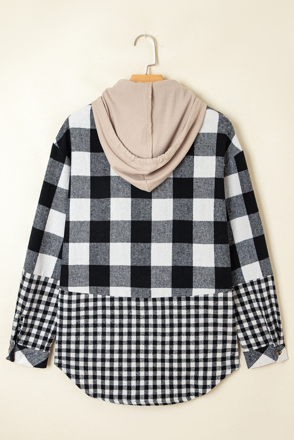 Black Plaid Patchwork Drawstring Hooded Raw Hem Shacket Jackets cf4e04d51bb6895c