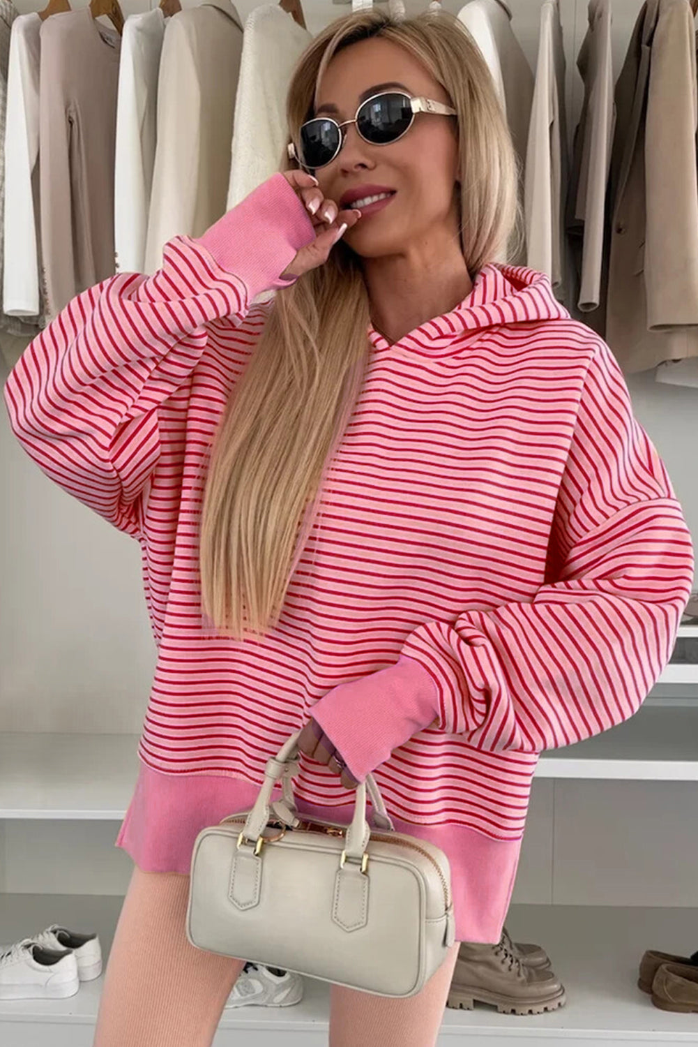 Rose Stripe Thumbhole Side Slits Drop Shoulder Loose Fit Hoodie Sweatshirts & Hoodies cf59fa5c2fe5b26c