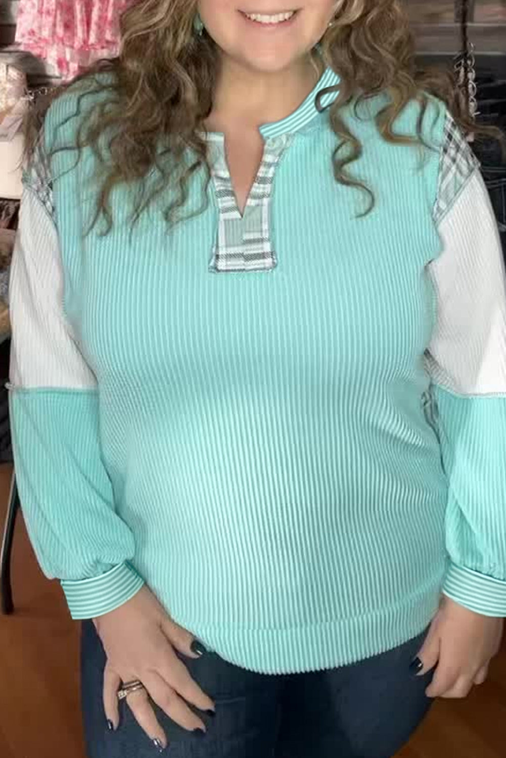 Aruba Blue Twist Ribbed Colorblock Plaid Patchwork Plus Size Top Plus Size Tops cf5e7edc5cd0d911