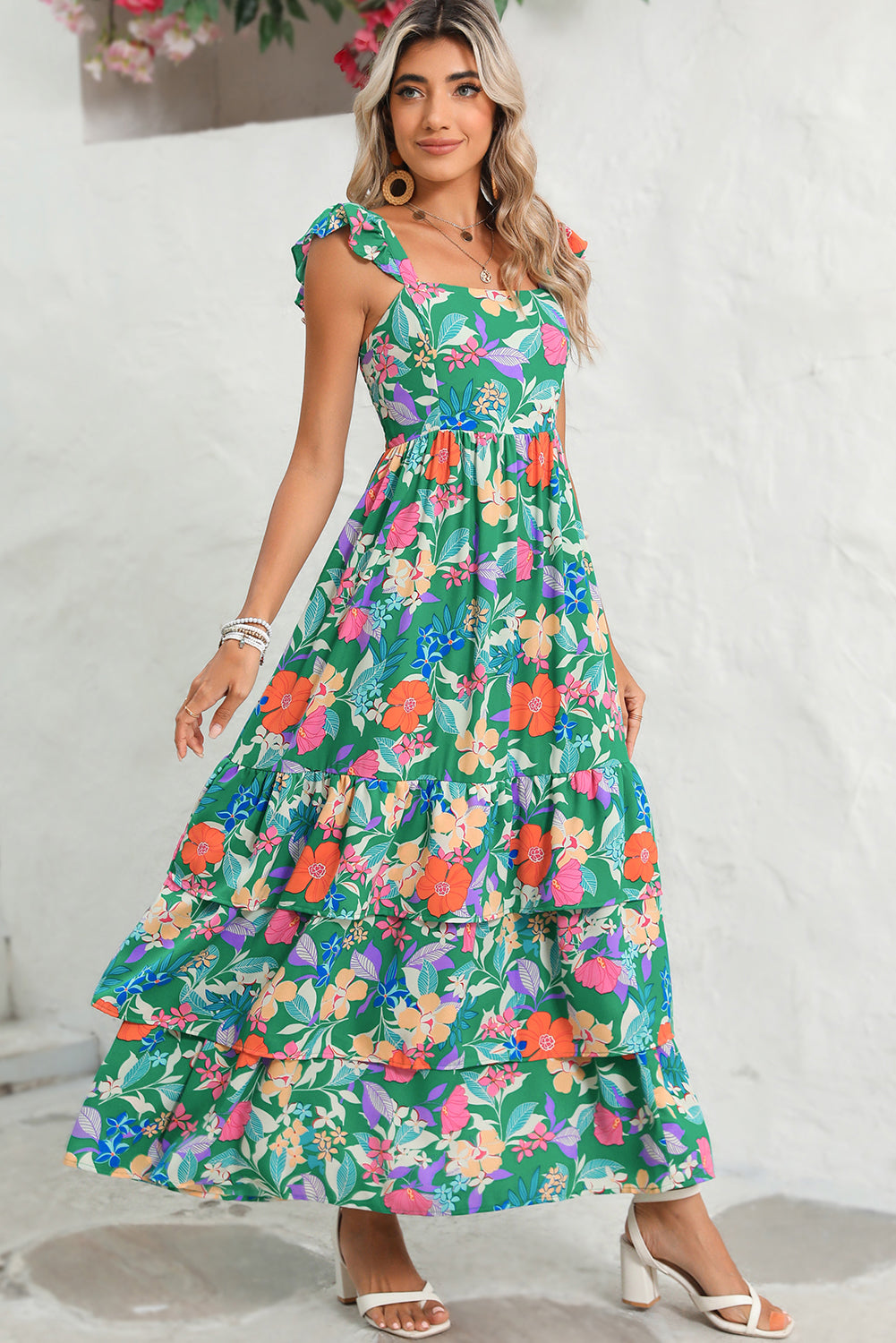 Green Boho Floral Print Ruffle Sleeveless Tiered Maxi Dress Maxi Dresses cf75535e8489ba1b