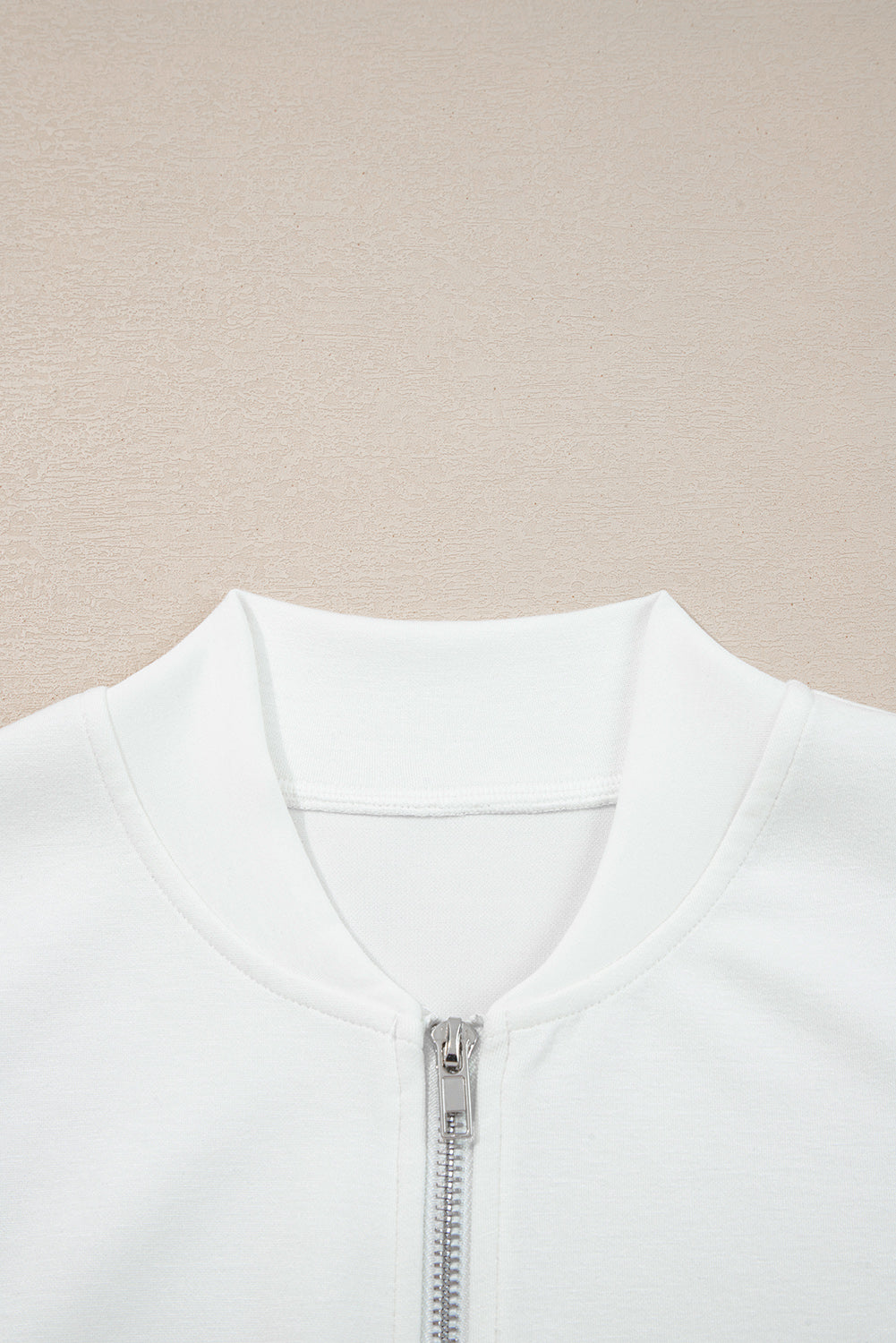 White Solid Color Zip Up Knit Puff Sleeve Jacket Jackets cf8329534044e069