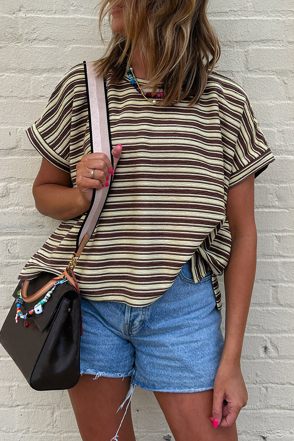 Green Stripe Textured Side Slit Crew Neck T Shirt T Shirts cfca6d35a67b1666