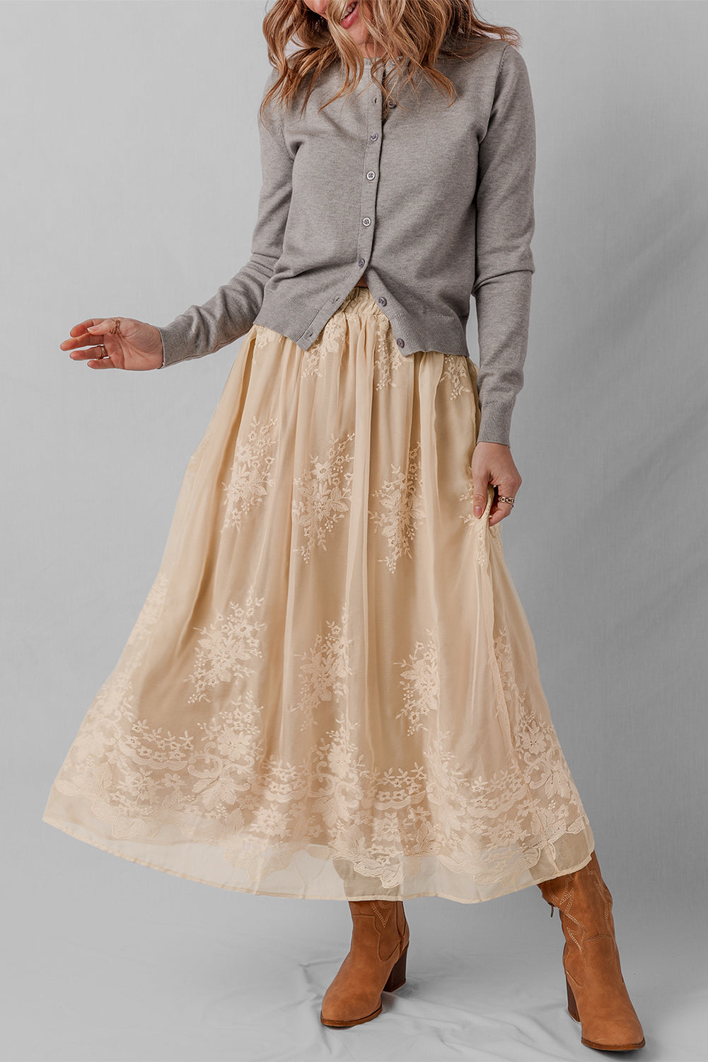Oatmeal Embroidered Mesh Overlay Flowy Long Skirt Skirts cfde9de7254dc9fb