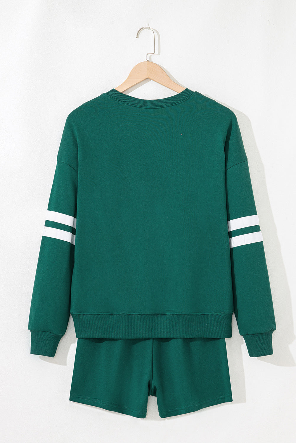 Evergreen Varsity Striped Sleeve Drop Shoulder Sweatshirt and Shorts Set Two Piece Shorts Sets cfe596ee746aa9af