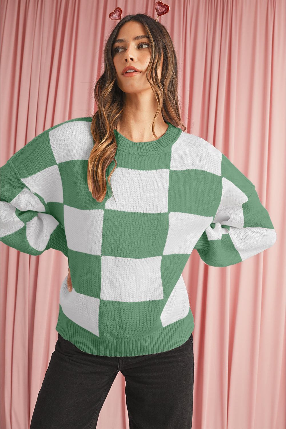 Green Checkered Bishop Sleeve Pullover Sweater Sweaters d00f08d3865e3b71