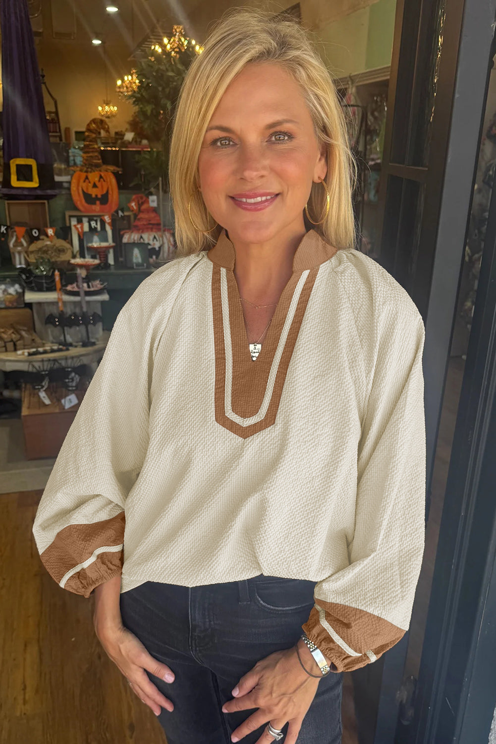 Jet Stream Colorblock Contrast V-neck Long Sleeve Blouse Blouses d01ba06d2ba44cc5