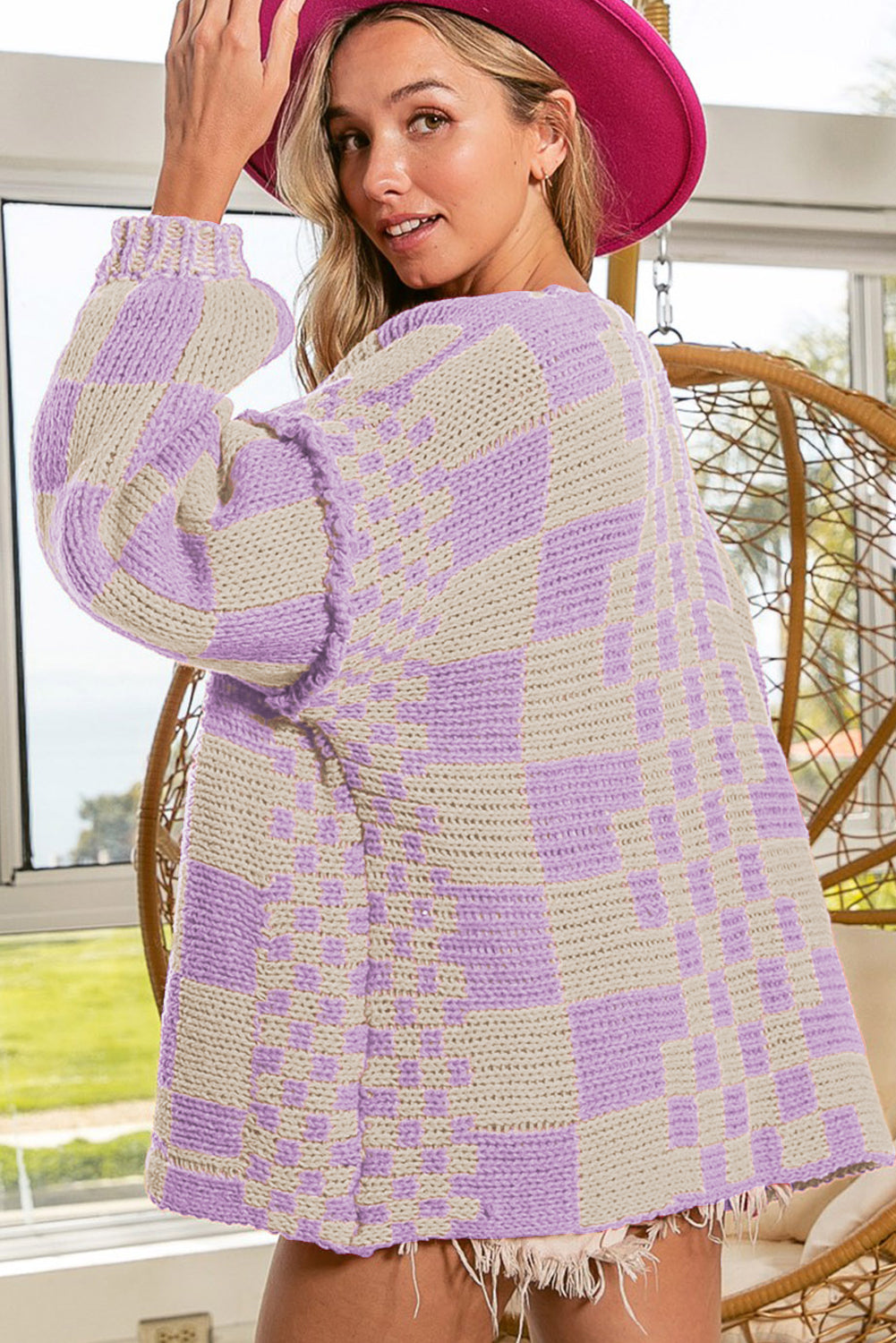 Orchid Petal Colorblock Checked Open Front Knitted Cardigan Cardigans d01d5a35f3c3260c