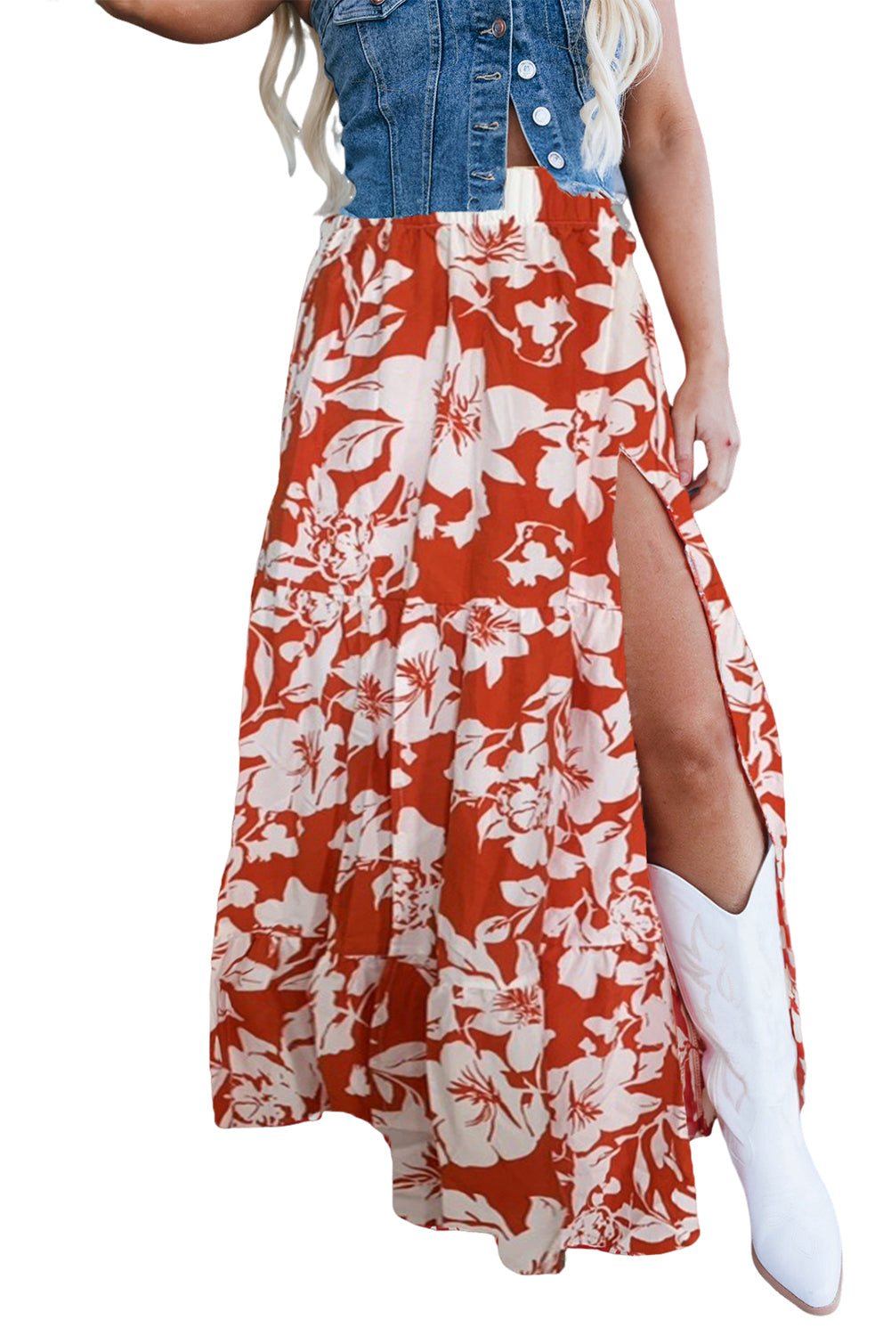 Red High Split Floral Tiered Maxi Skirt Skirts d0301b3556850a5d