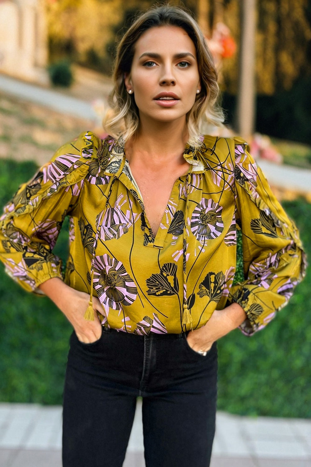 Yellow Vintage Floral V Neck Ruffle Trim Long Sleeve Blouse Blouses d0b177a066671eeb