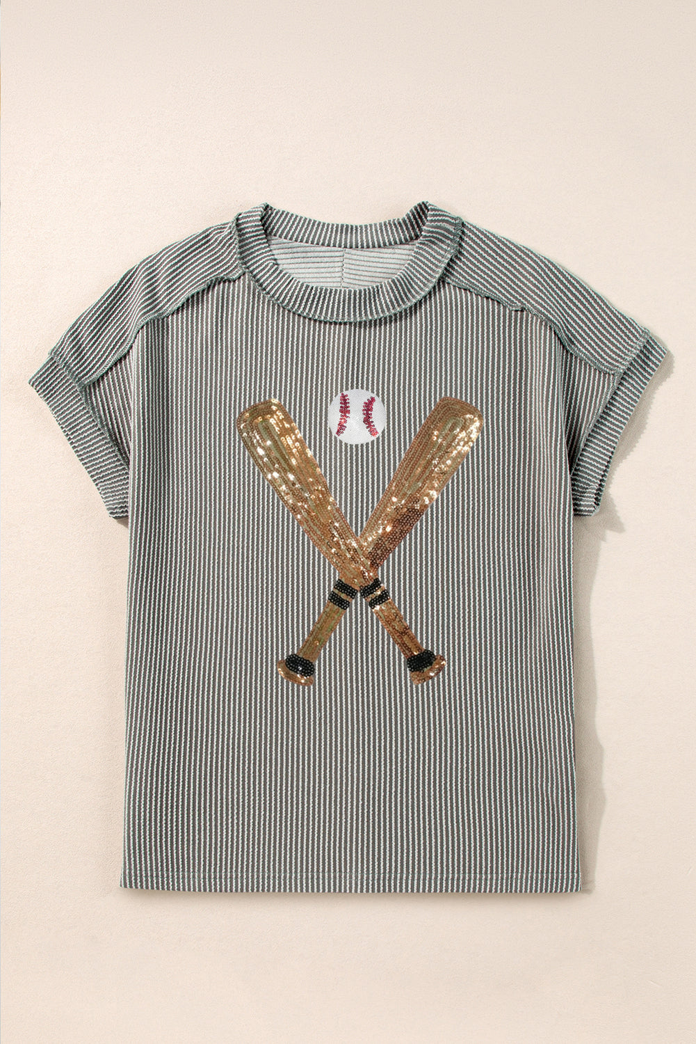 Medium Grey Ribbed Knit Sequin Baseball Graphic T Shirt Graphic Tees d0b51e9dd8603d09