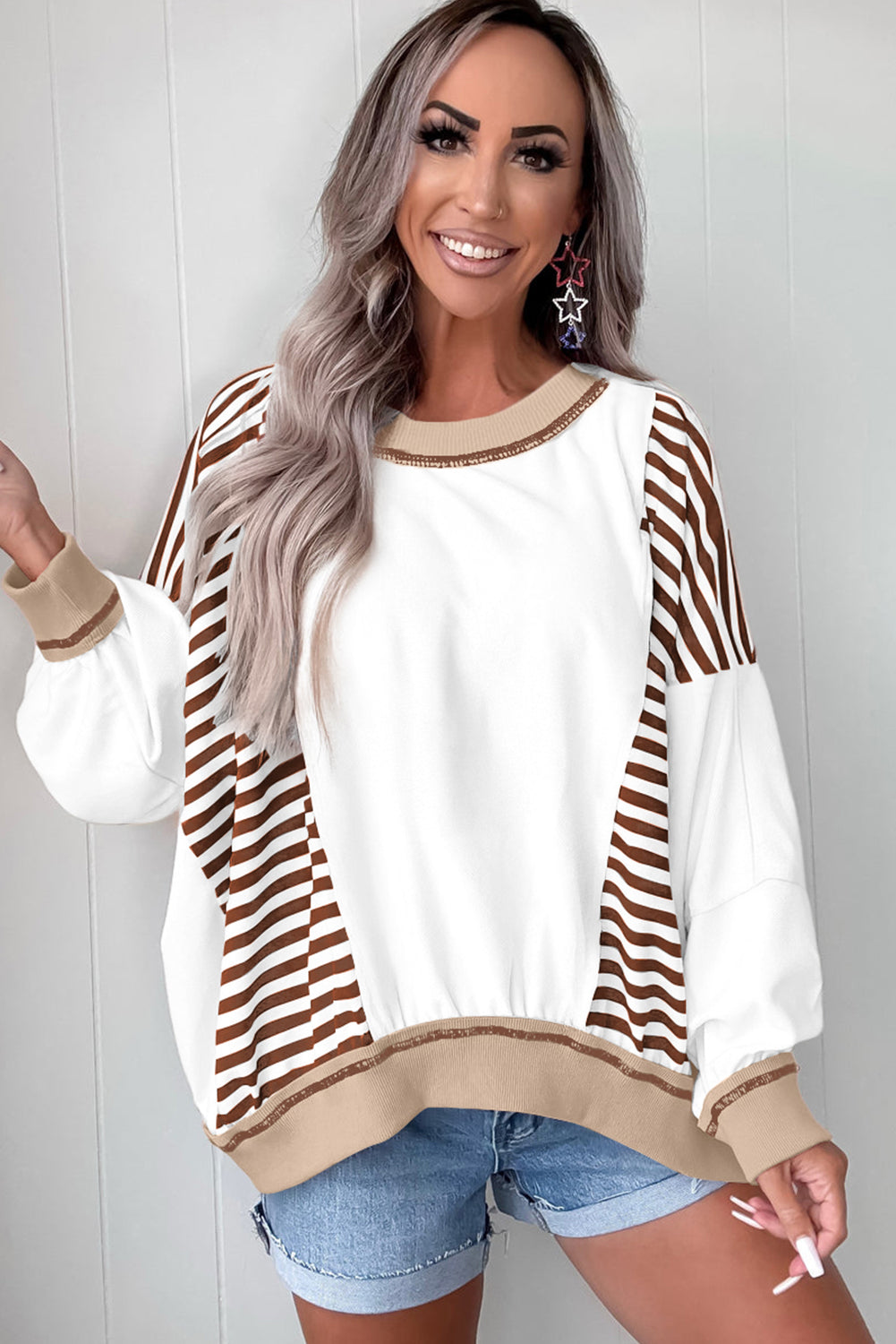 Brown Striped Colorblock Patchwork Oversized Sweatshirt Sweatshirts & Hoodies d0e31b956eef1df0