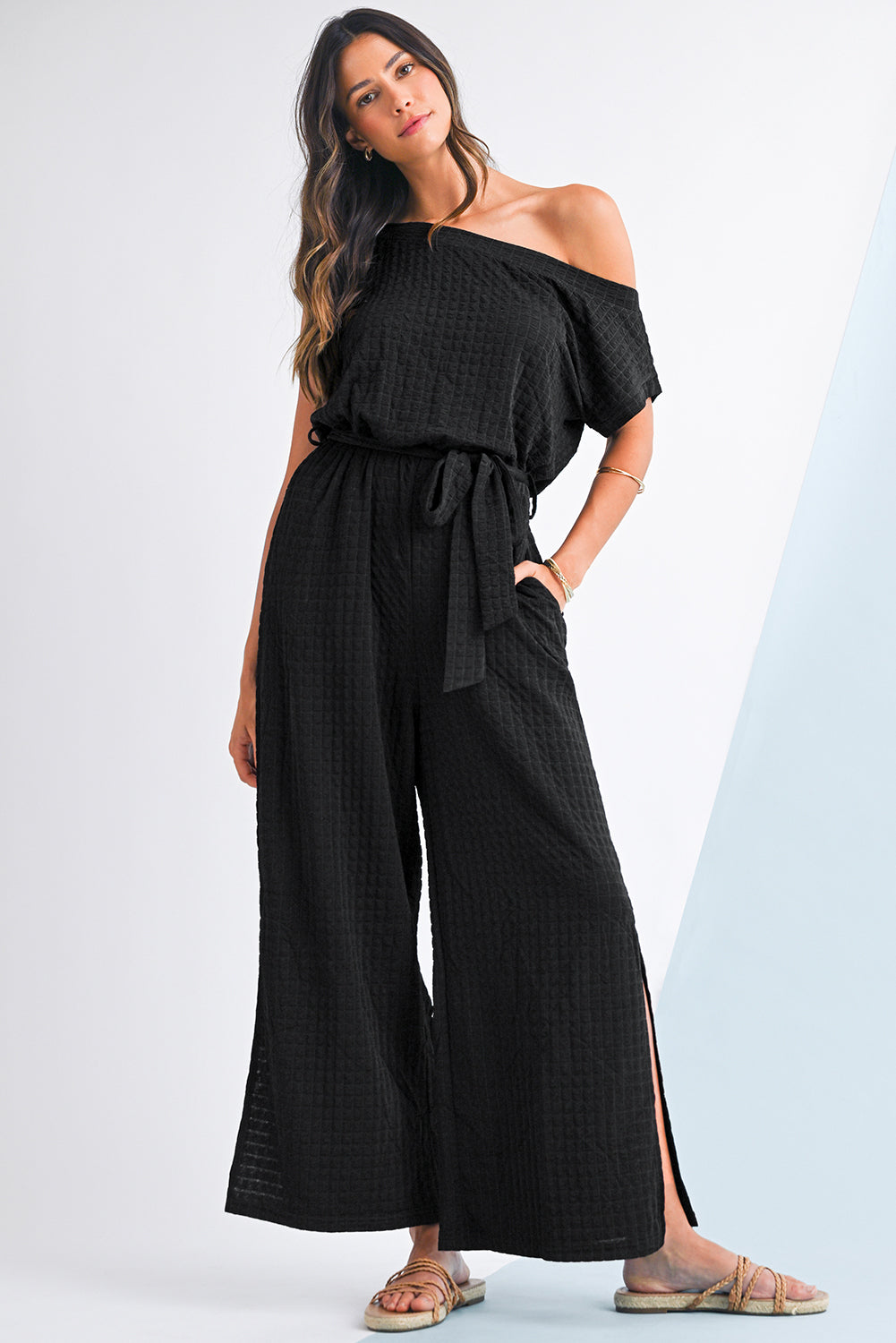 Black Checkered Mesh One Shoulder Short Sleeve Knotted Waist Jumpsuit Jumpsuits d1152f82e8f9fc27
