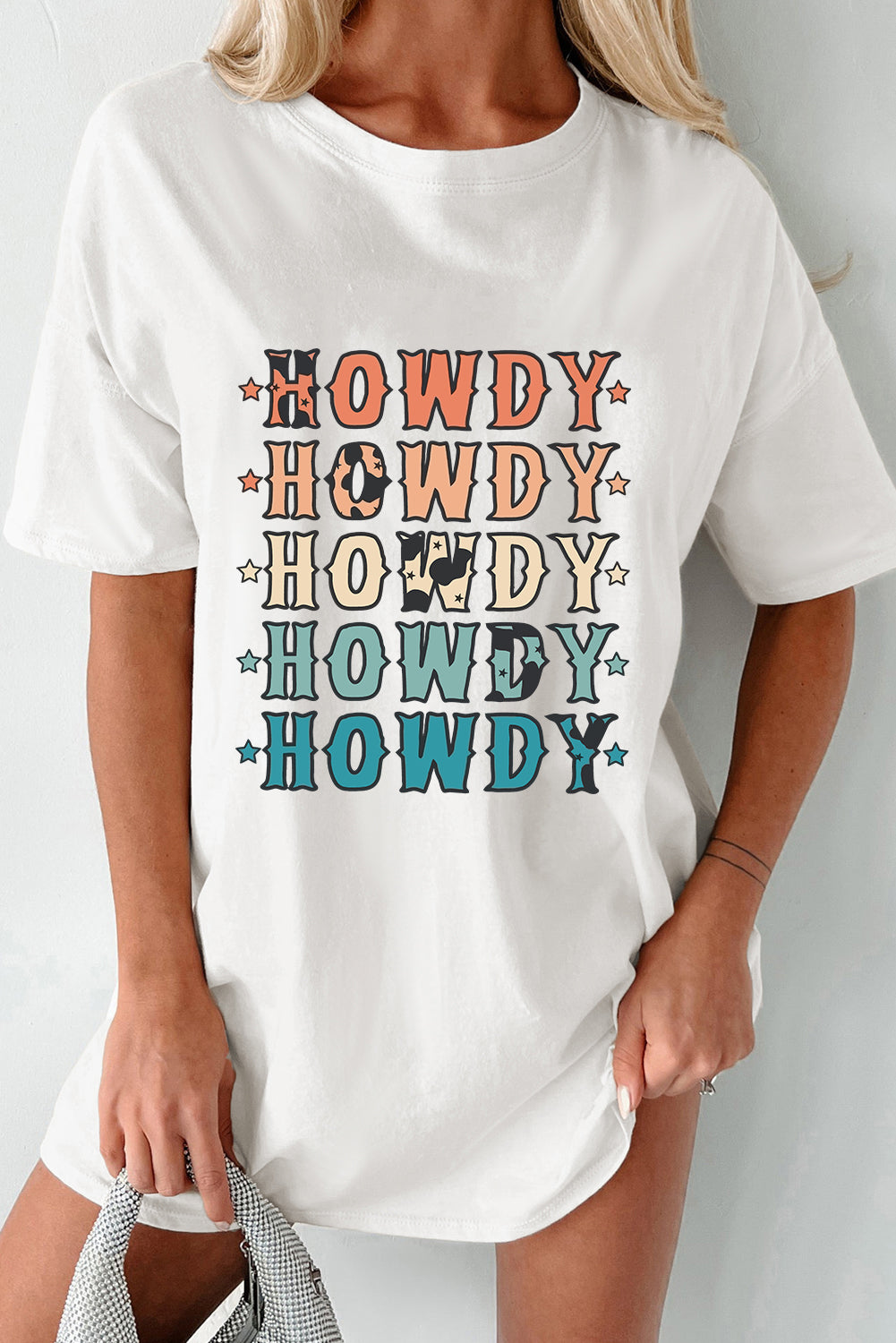 White HOWDY Stars Heat Transfer Printing Crew Neck Loose Fit T Shirt Graphic Tees d158c081abb90e7d