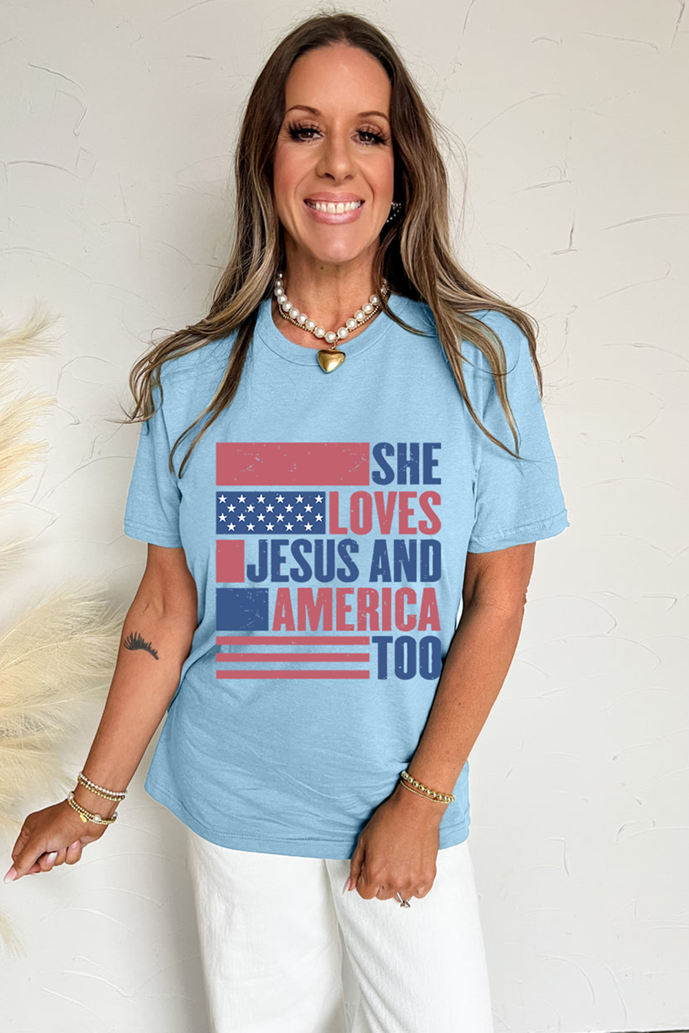 Light Blue SHE LOVES JESUS AND AMERICA TOO Heat Transfer Printing Patriotic T Shirt Graphic Tees d19a0ecd85c65483