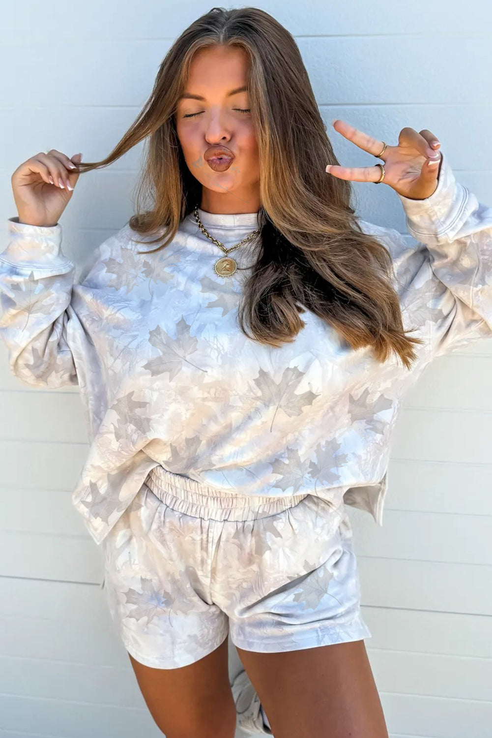 Beige Abstract Maple Leaf Print Long Sleeve Top Elastic Waist Shorts Set Two Piece Shorts Sets d211c67635654fca