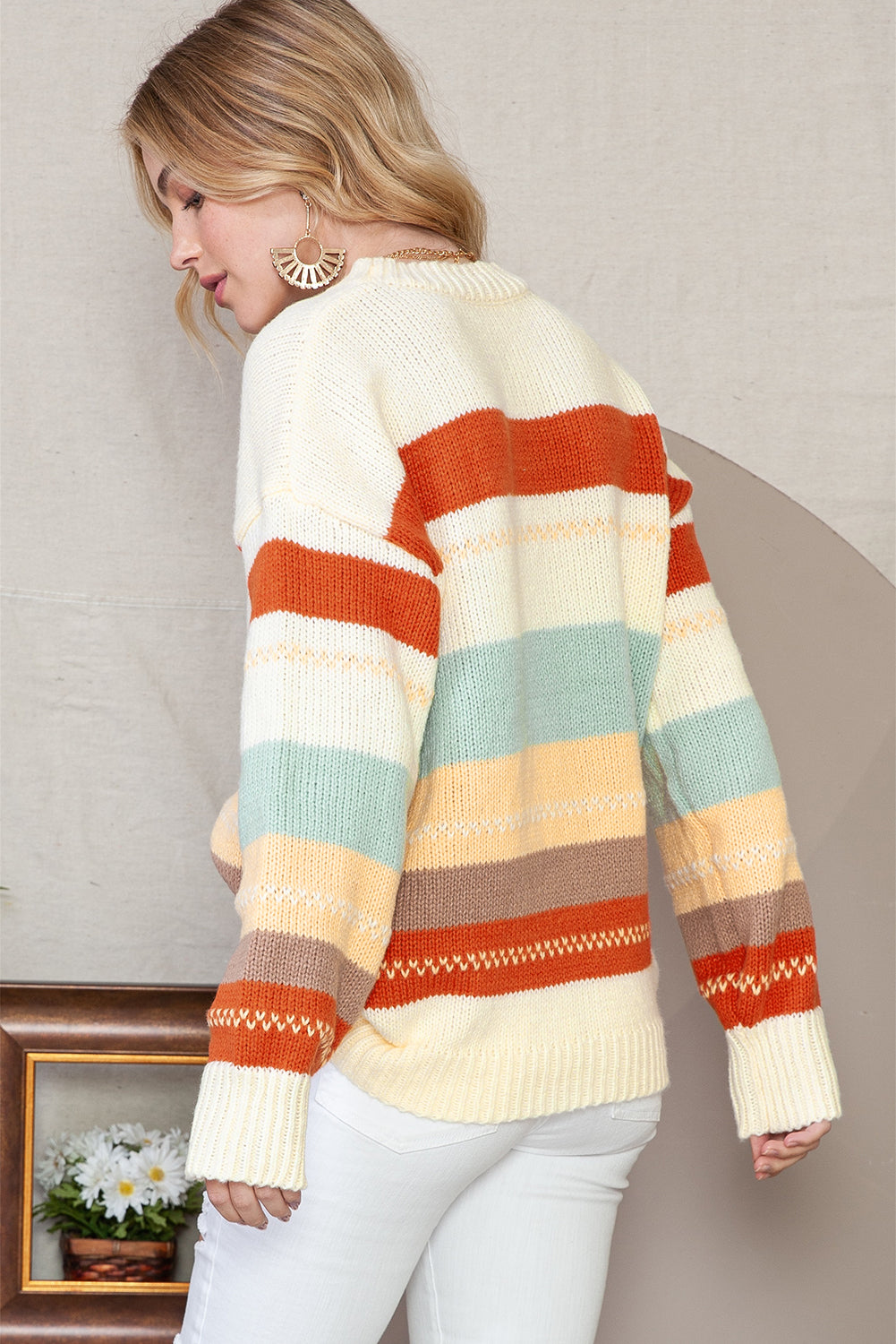 White Striped Color Block Drop Shoulder Knit Sweater Sweaters d223278b8aa7221d