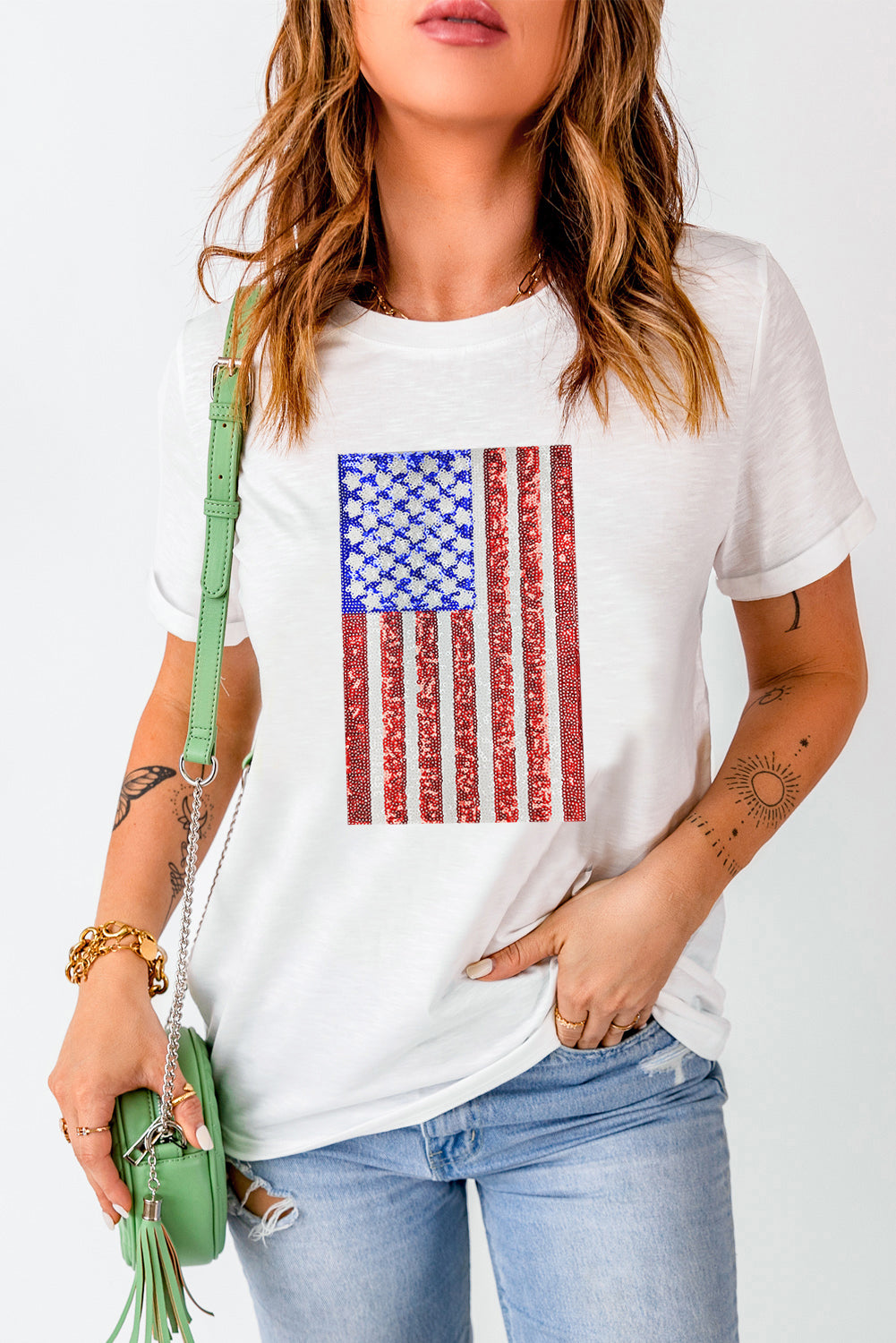 White Shimmery USA Flag Graphic Round Neck Tee Graphic Tees d240cac901935cb6