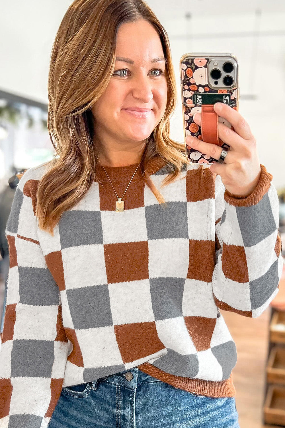 Brown Colorblock Checkered Drop Sleeve Plus Size Sweater Plus Size Sweaters&Cardigans d253f47d007ba025