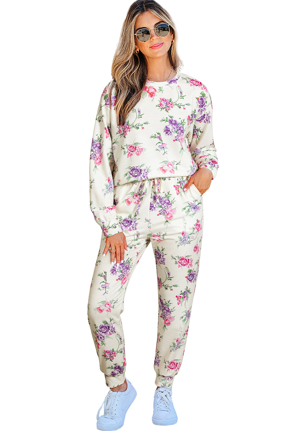 Apricot Floral Print Pullover Drawstring Lounge Pants Set Loungewear Set d26f9e3124239e4d