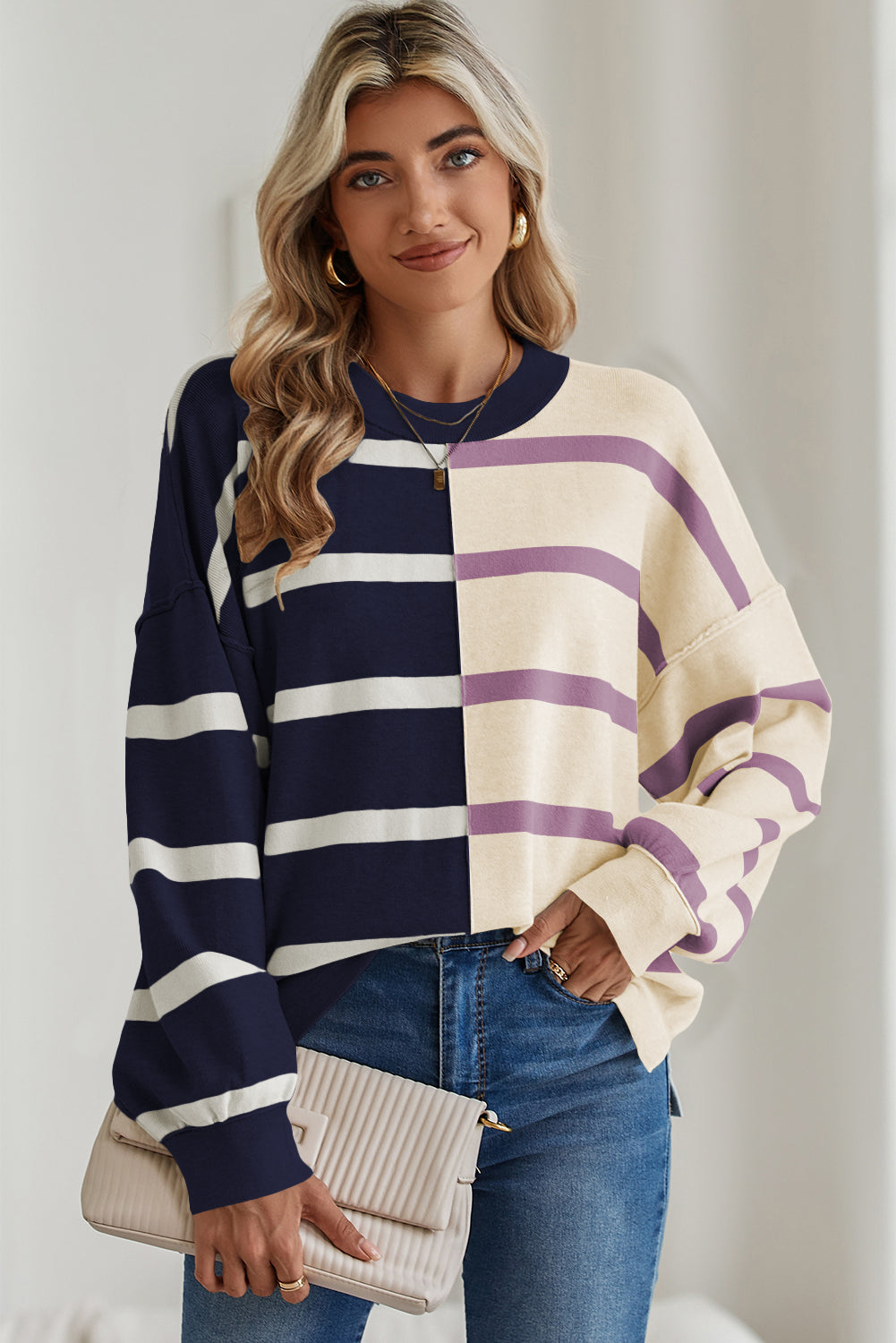 Blue Stripe Exposed Seam Patchwork Loose Sweater Sweaters d281e2213504933e