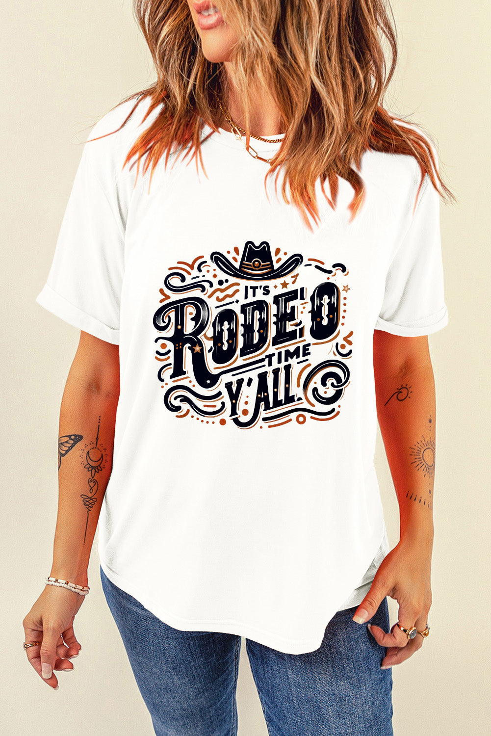 White IT'S RODEO TIME YALL Heat Transfer Printing Graphic T Shirt Graphic Tees d2a2e3efc094f0e1
