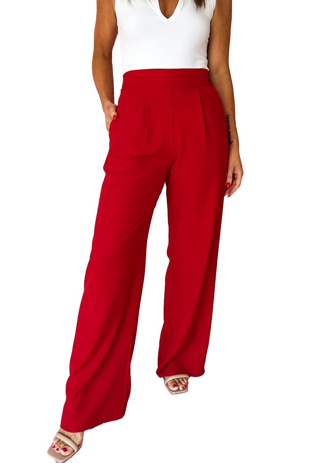 Fiery Red Pleated Detail Pull On Pants Pants d2c20bdb1f8db005