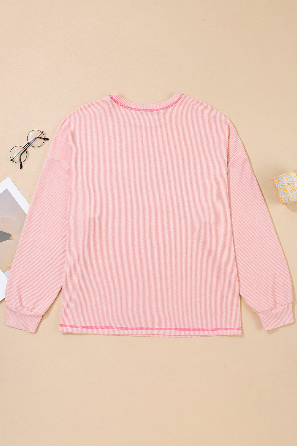 Bonbon Ribbed Exposed Seam Chest Pocket Plus Size Long Sleeve Top Plus Size Tops d2c833c82b914e06