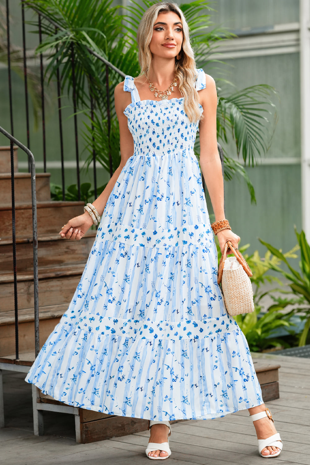 Sky Blue Floral Smocked A-Line Tie Straps Maxi Dress Maxi Dresses d2cef2b1b6f557a9