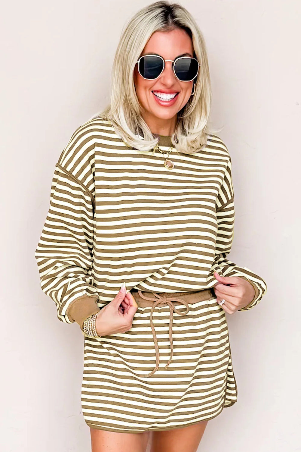 Brown Stripe Textured Drop Shoulder Pullover Top Drawstring Mini Skirt Two Piece Dress Set Two Piece Skirt Sets d2d0312c2308be6a