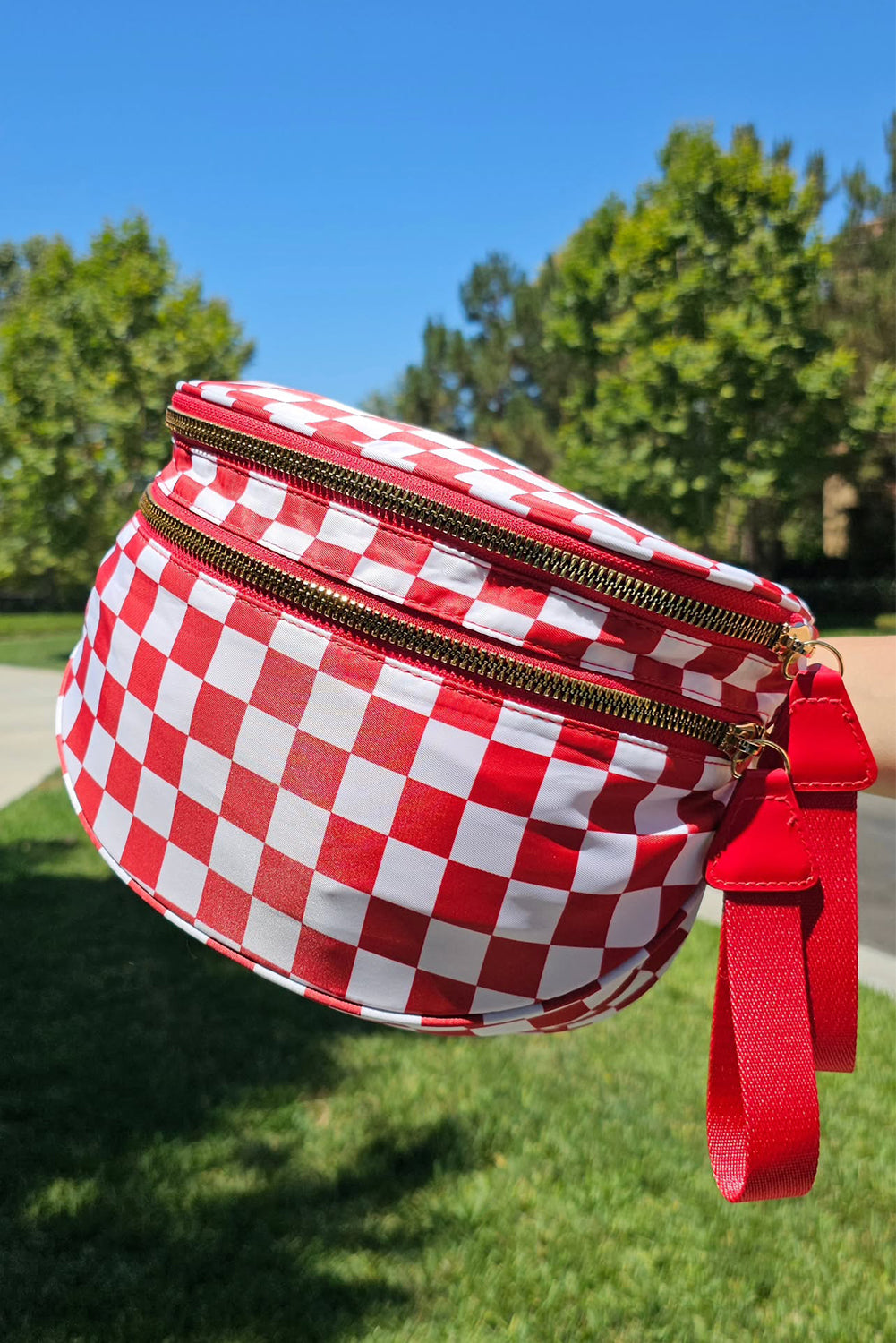 Pink Checkered Print Wide Strap Large Crossbody Bag Crossbody Bags d38bb7f9632046b5