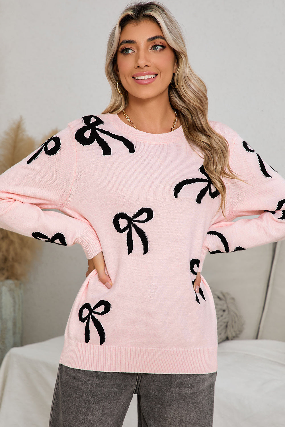 Light Pink Bow Print Long Sleeve Loose Fit Sweater Sweaters d4001249f3a698ea