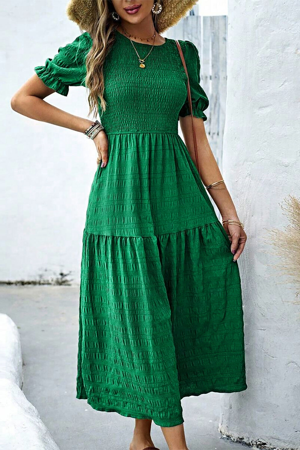Dark Green Solid Textured Shirred High Waist Midi Dress Midi Dresses d436816704973b50
