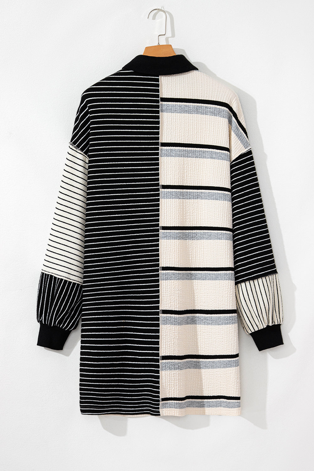 Black Stripe Colorblock Long Sleeve Collar Half Buttons Mini Dress Short Dresses d44872b45156b857