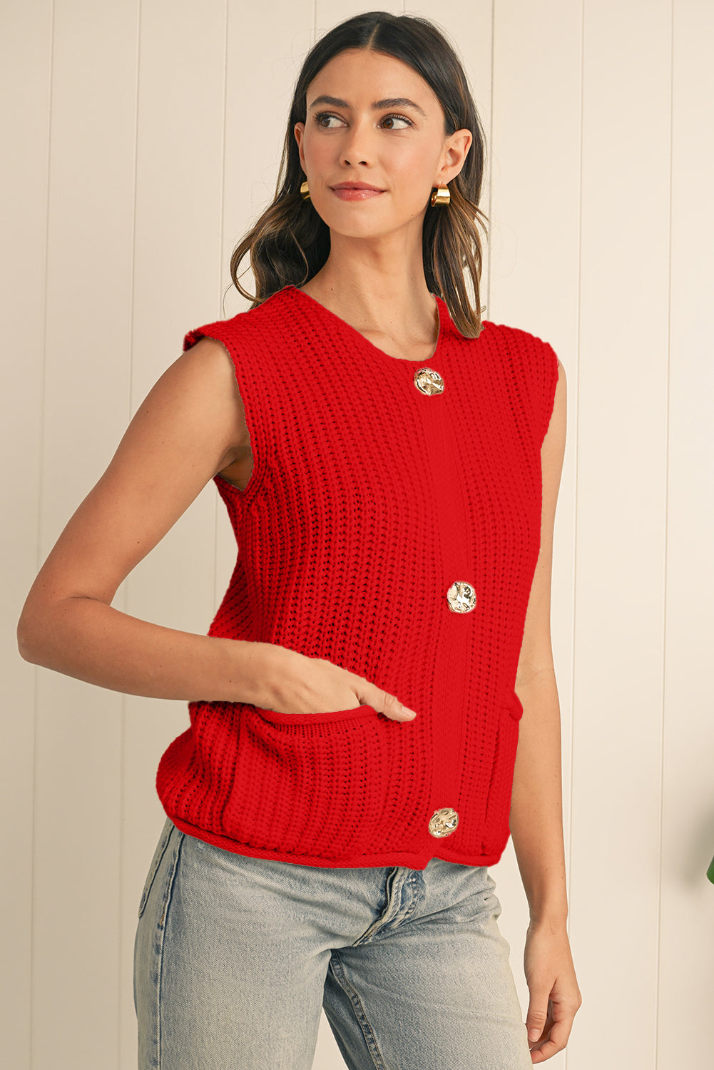 Fiery Red Solid Textured Knit Side Pockets Buttoned Sweater Vest Cardigans d44f4437339e74ce