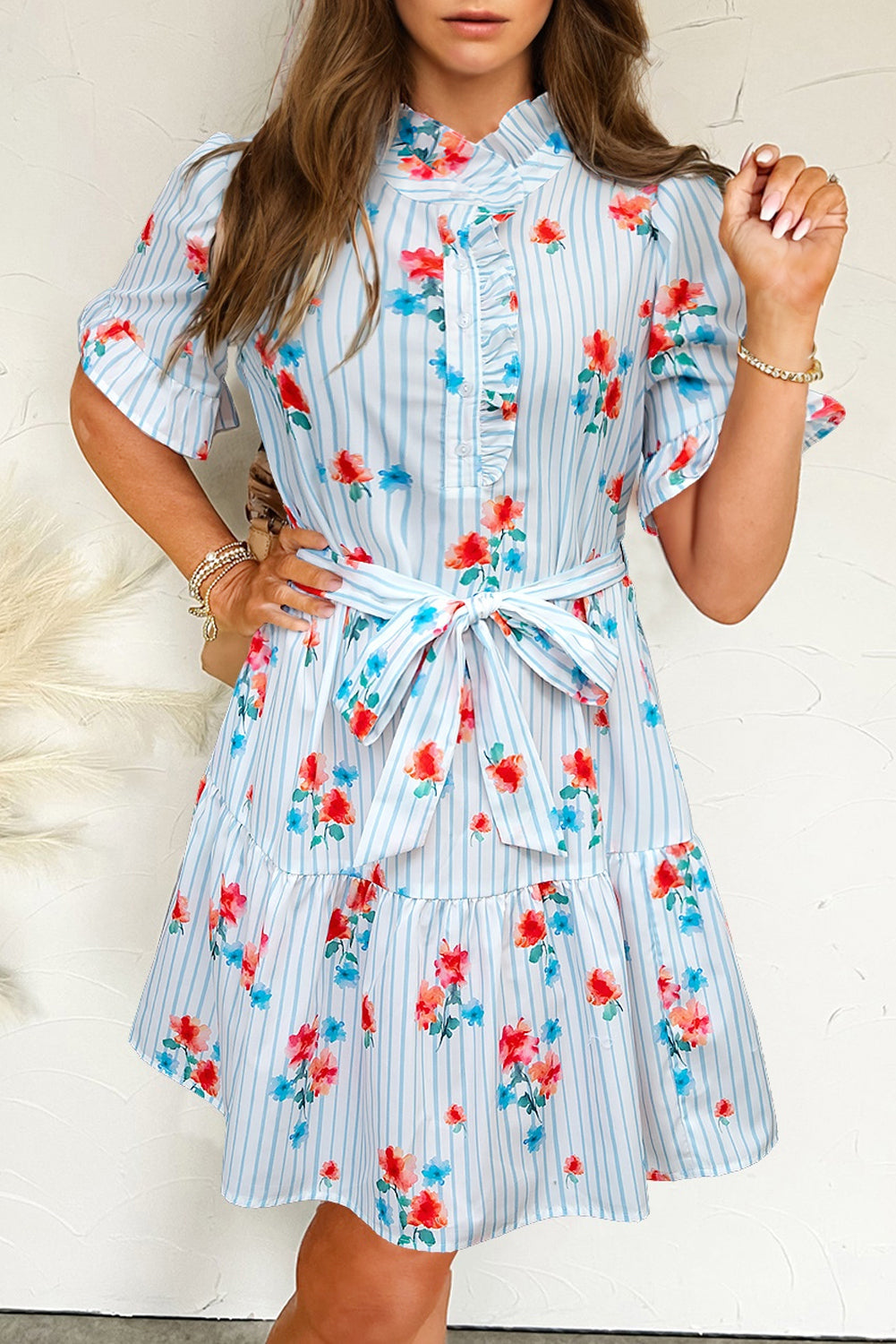 Sky Blue Striped Floral Print Ruffle Belted Mini Dress Short Dresses d4916a9a18c771b5