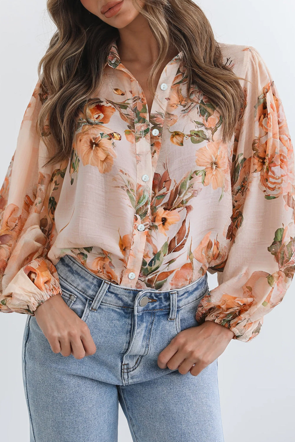 Orange Floral Puff Sleeve Lightweight Shirt Blouses d4c2722b40be9146