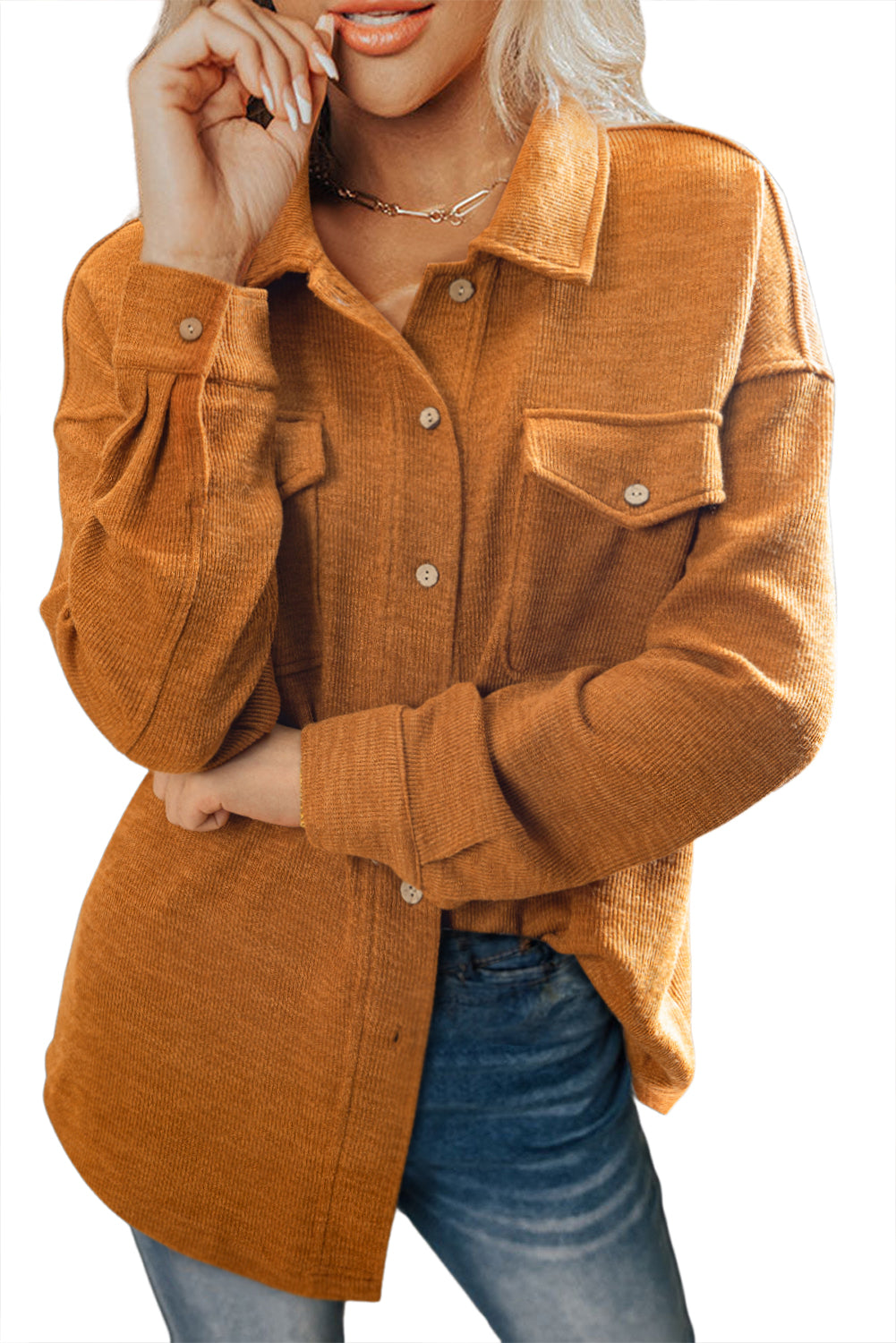 Russet Orange Flap Pocket Textured Knit Solid Color Casual Shacket Jackets d4f9af0266063f51