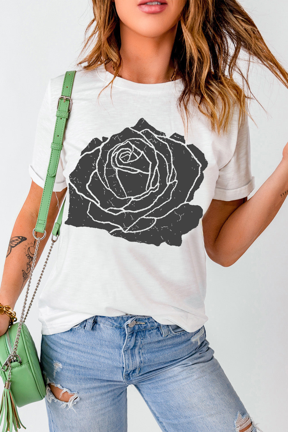 White Large Rose Graphic Crew Neck T Shirt Graphic Tees d515e5357564f655