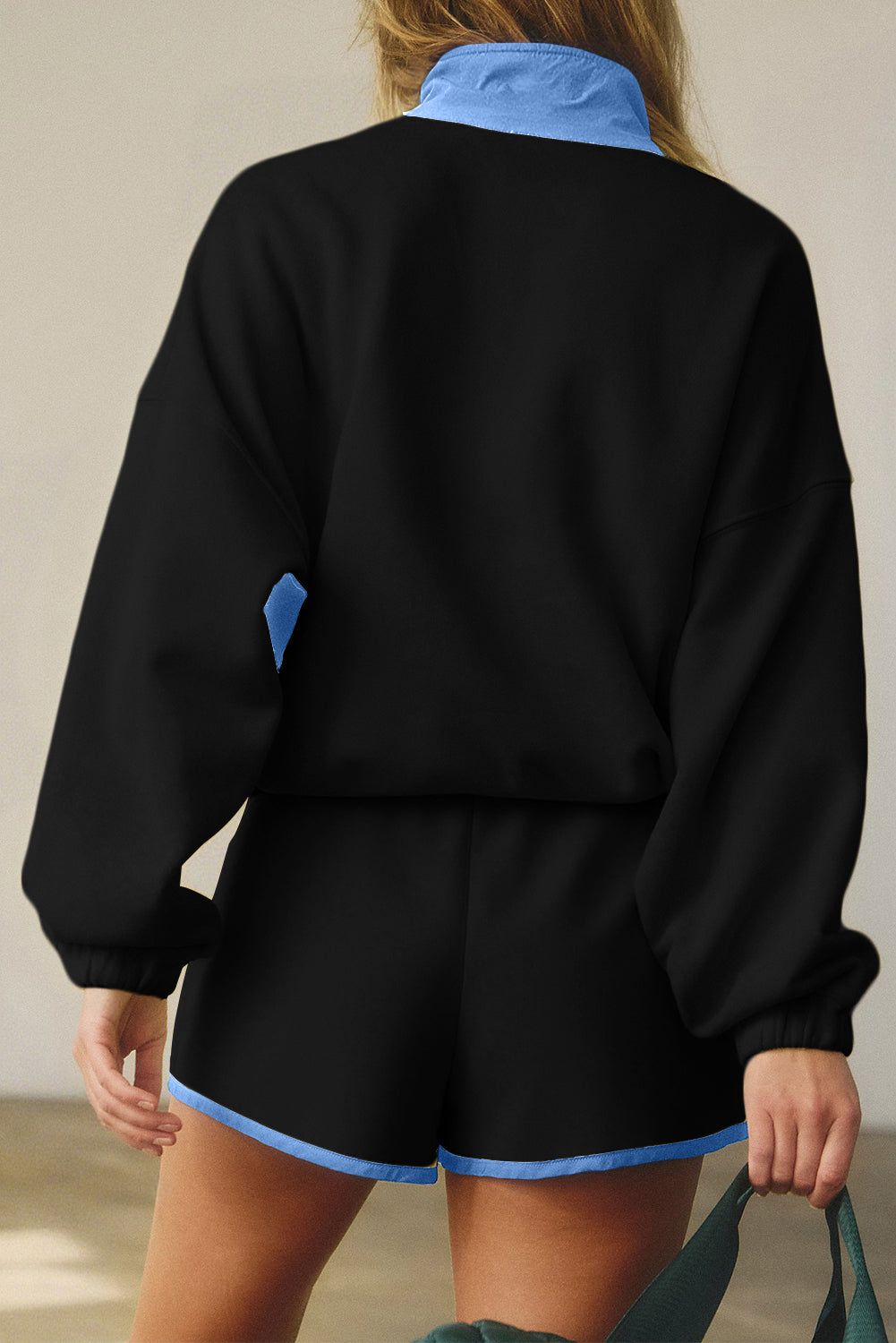 Black Colorblock Patchwork Half Button Pullover and Shorts Outfit Two Piece Shorts Sets d51703084e81d8aa