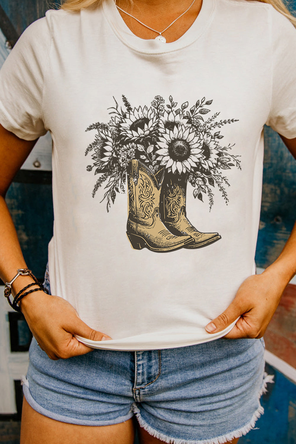 White Sunflower Boots Heat Transfer Printing Cotton Blend Graphic Tee Graphic Tees d5712ad6dcdbde00
