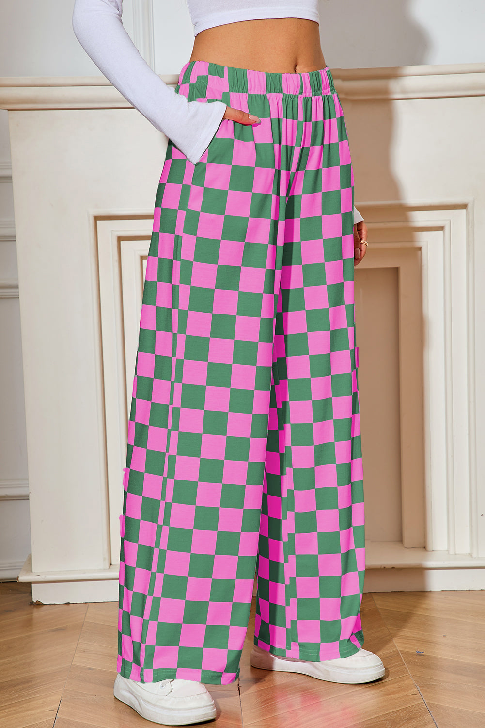 Green Checkered Print High Waist Wide Leg Pants Pants d59b094a3a66c801