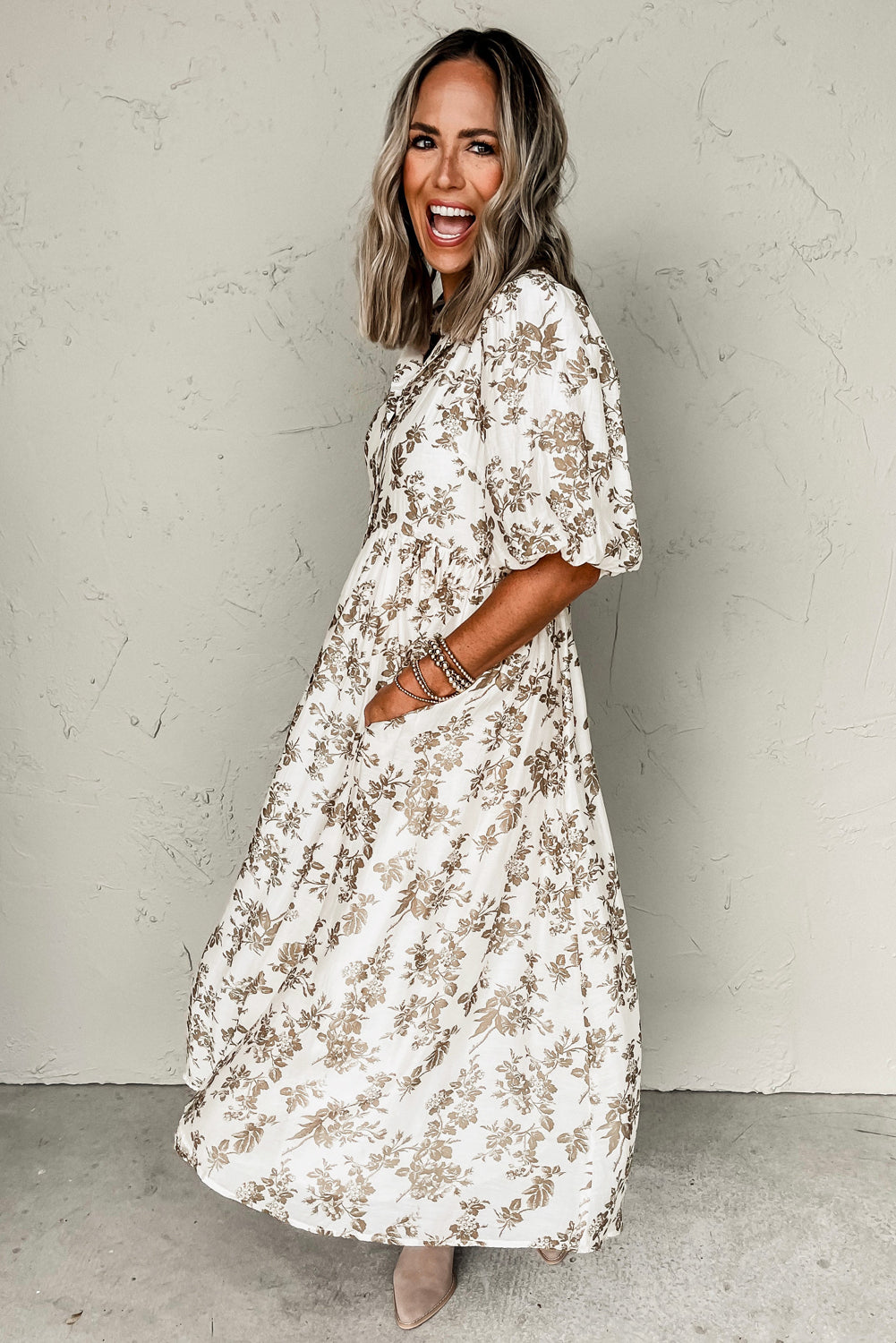 Khaki Floral Puff Sleeve V Neck Buttoned Front Maxi Dress Maxi Dresses d5f3e4699e084f27